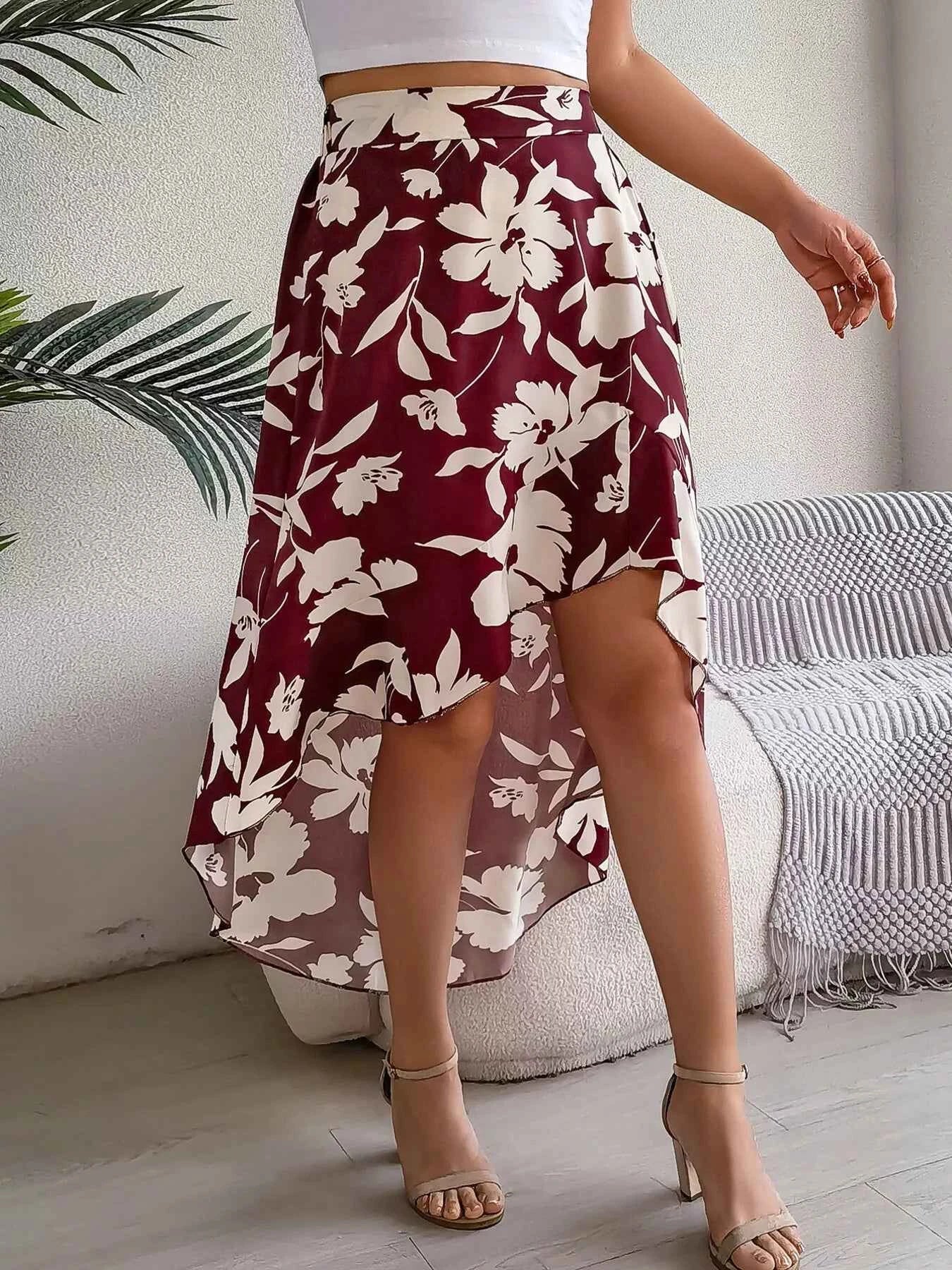 Women's Floral Print Ruffle Hem Asymmetrical Split Skirt Multi Colors S-XL Wine Red