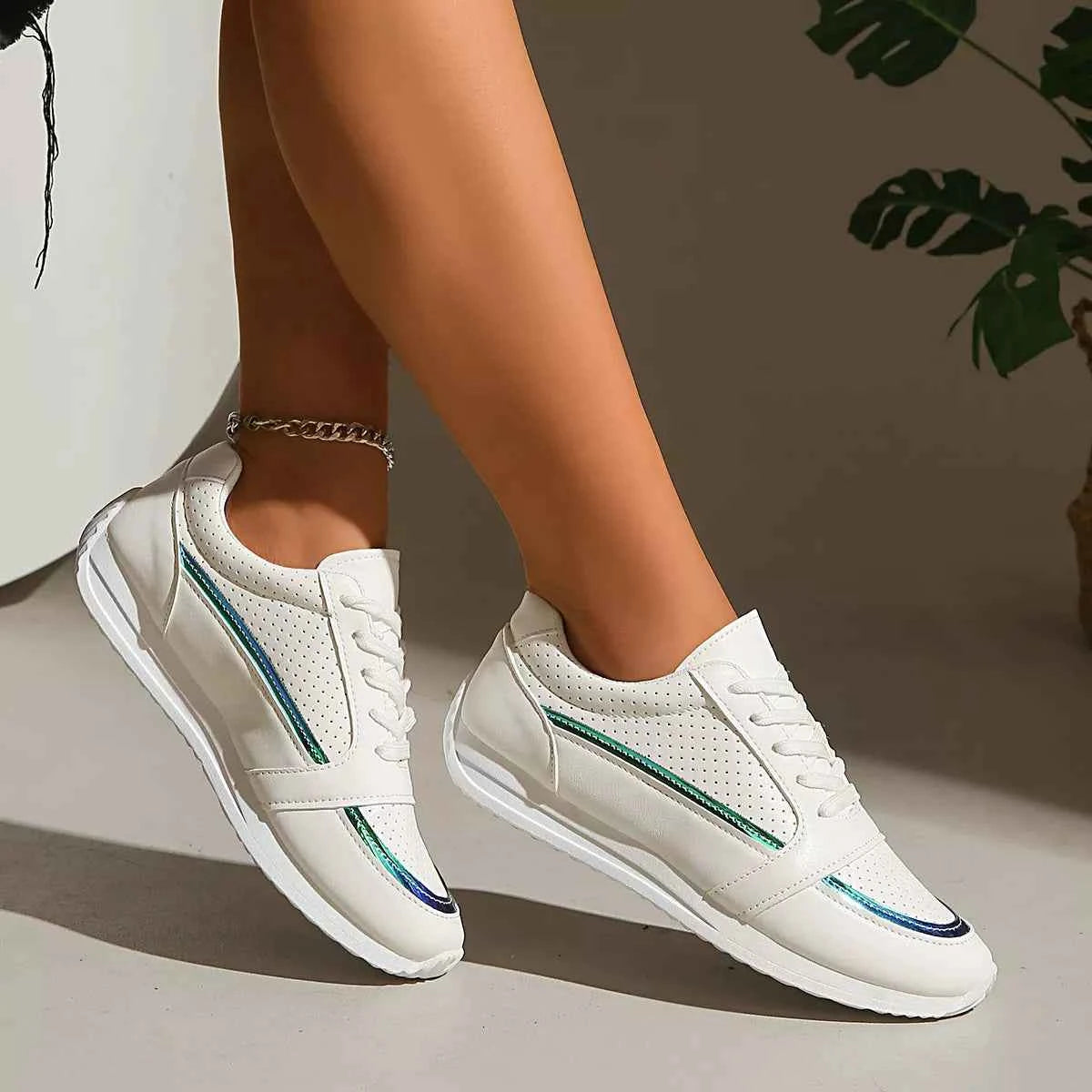 Women's Round Toe Lace-Up Casual Sneakers Boho Coastal Gold Green US 5-11