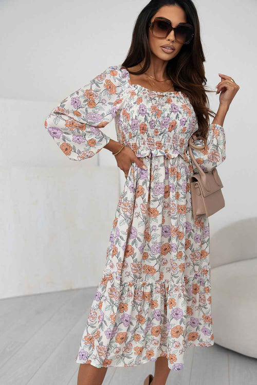 Floral Smocked Square Neck Dress Floral