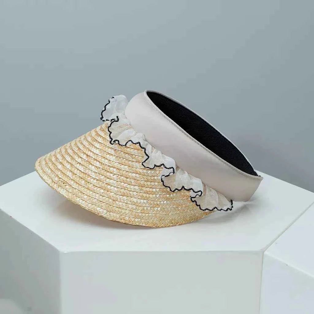 Women's Lace Trim Woven Straw Visor Sun Hat Beach Resort Black Beige One Size Beige One Size