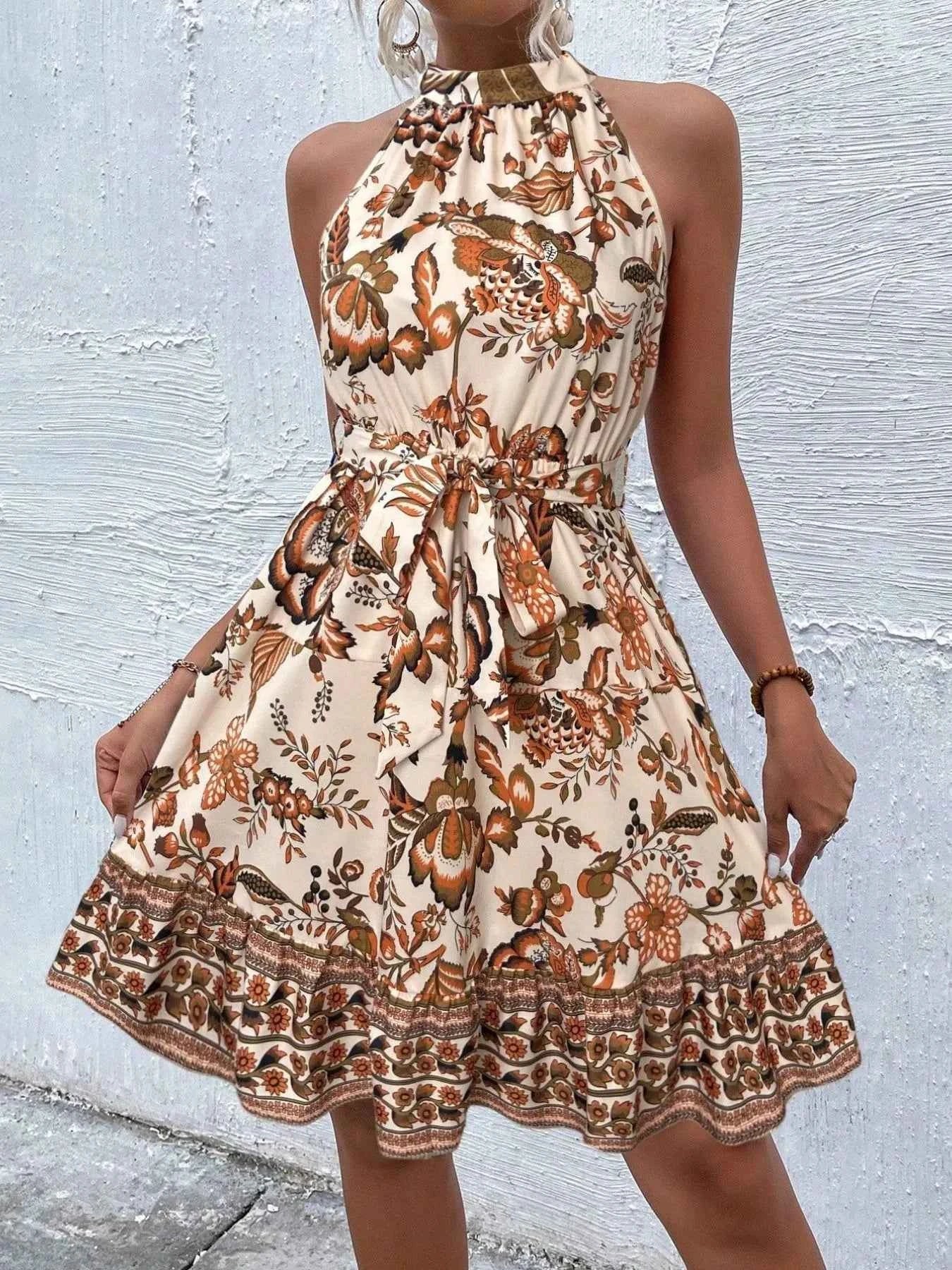 Women's Floral Halter Neck Midi Dress Belt Tie Boho Beach Resort Multi Colors S-XXL Yellow Flower