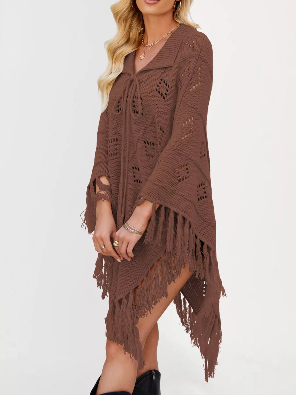 Women's Fringe Tassel Tie Openwork Knit Boho Beach Cover Up Multi Colors S-XL