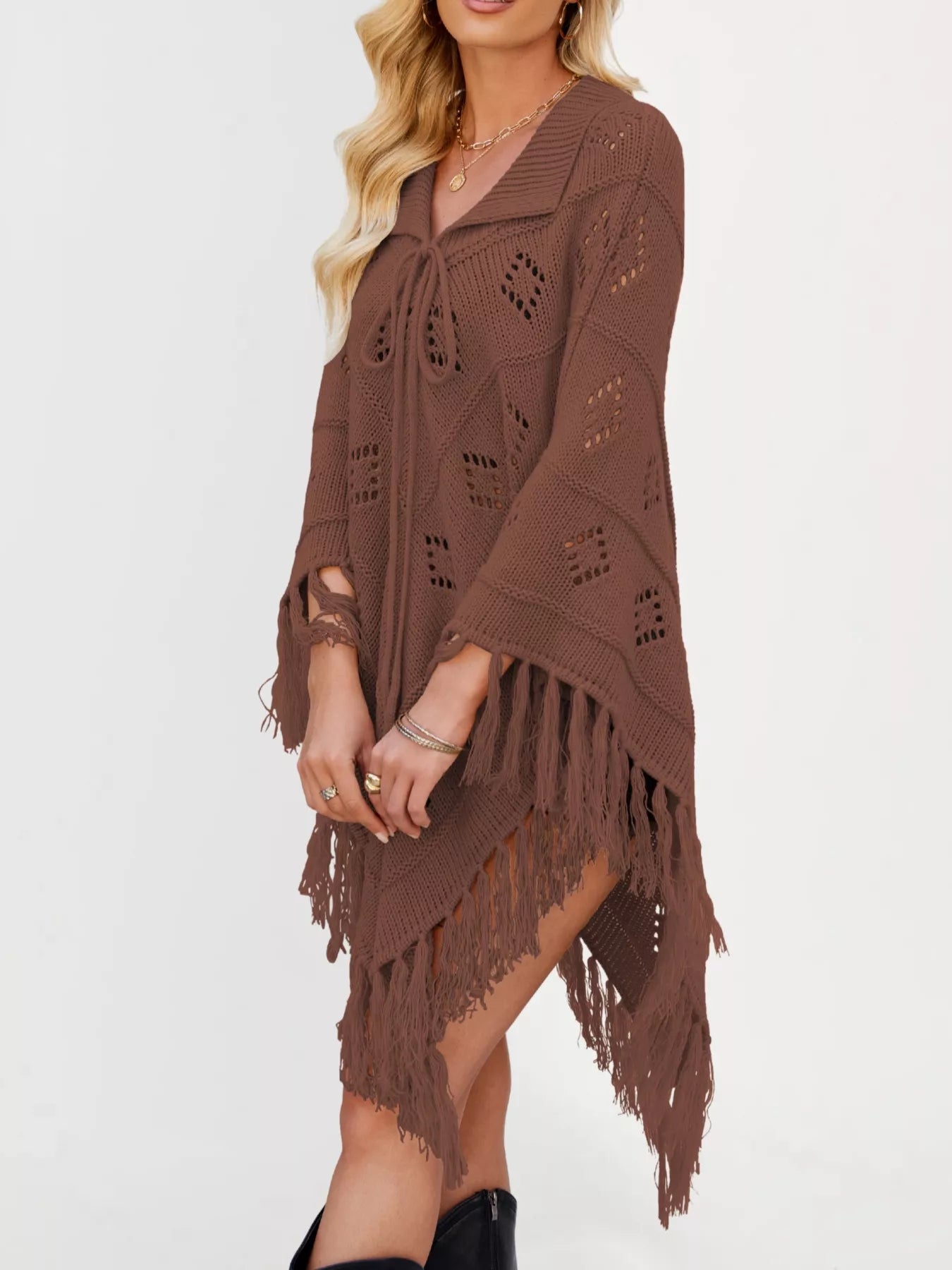 Women's Fringe Tassel Tie Openwork Knit Boho Beach Cover Up Multi Colors S-XL