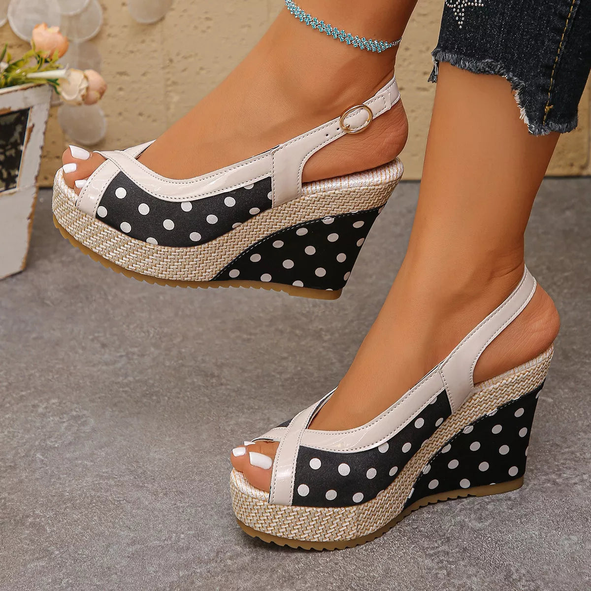 Women's Polka Dot Peep Toe Wedge High Heel Sandals Coffee Black Red EU 36-43