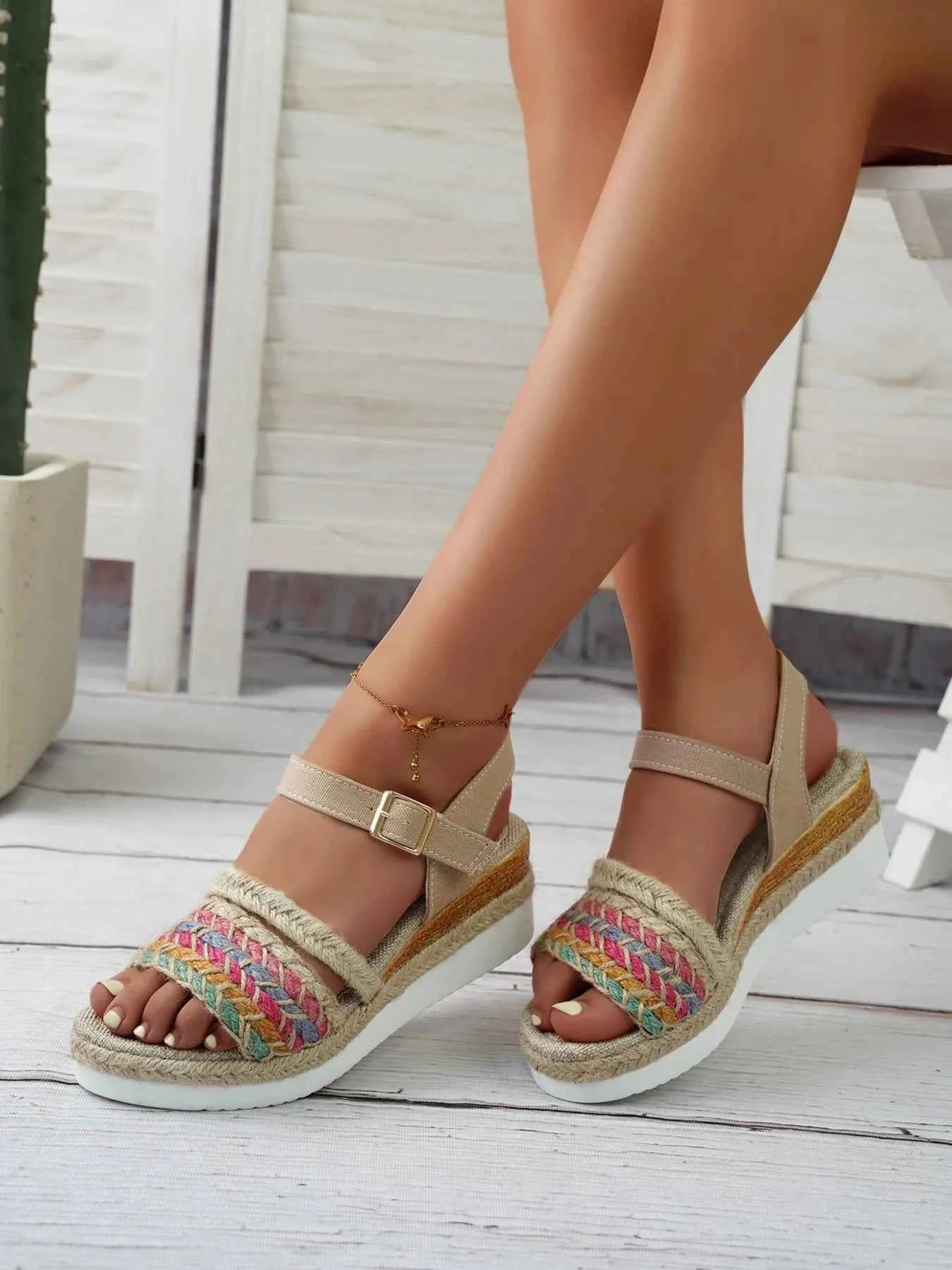 Women's Braided Rainbow Strap Platform Wedge Sandals Camel US 5-11