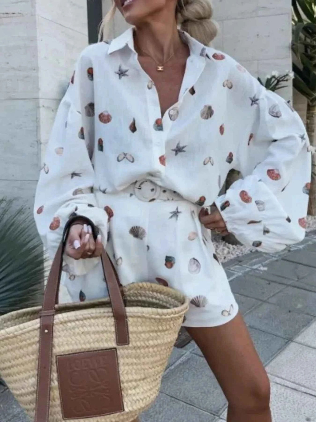 Women's Shell Print Long Sleeve Shirt Belt Shorts Two-Piece Set Beach White S-2XL