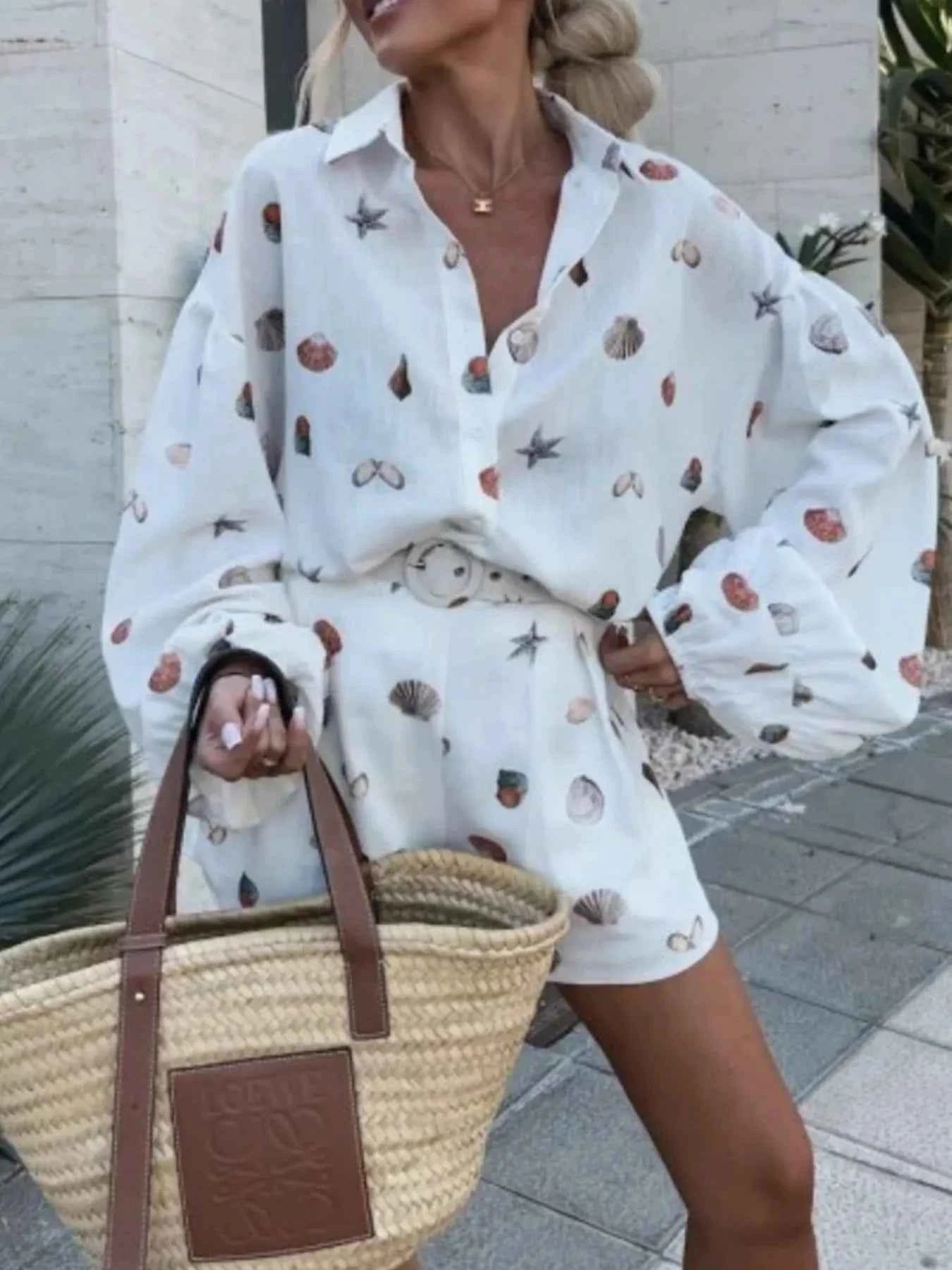 Women's Shell Print Long Sleeve Shirt Belt Shorts Two-Piece Set Beach White S-2XL