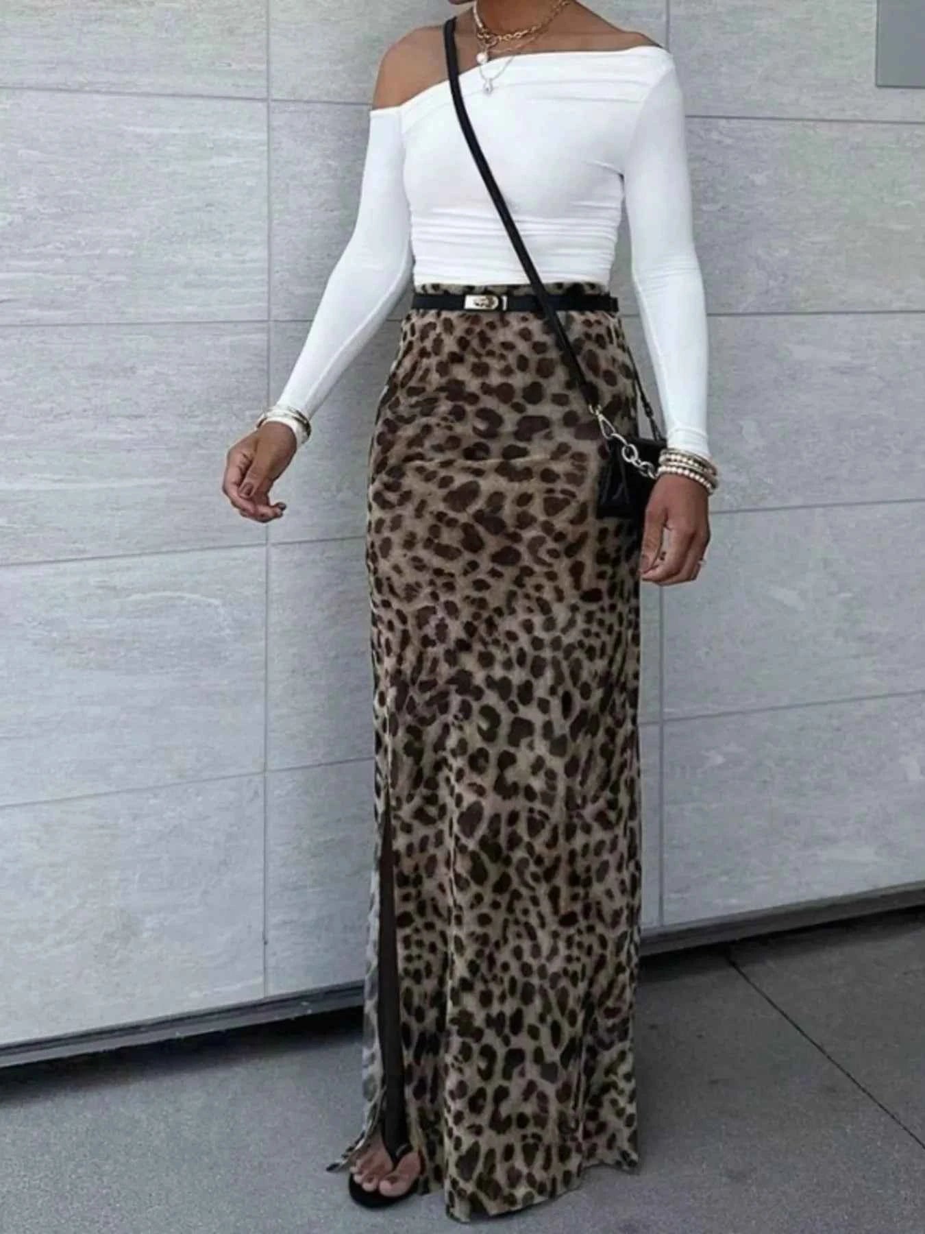 Women's Leopard Print High-Waisted Maxi Skirt Side Split Not Lined S-2XL