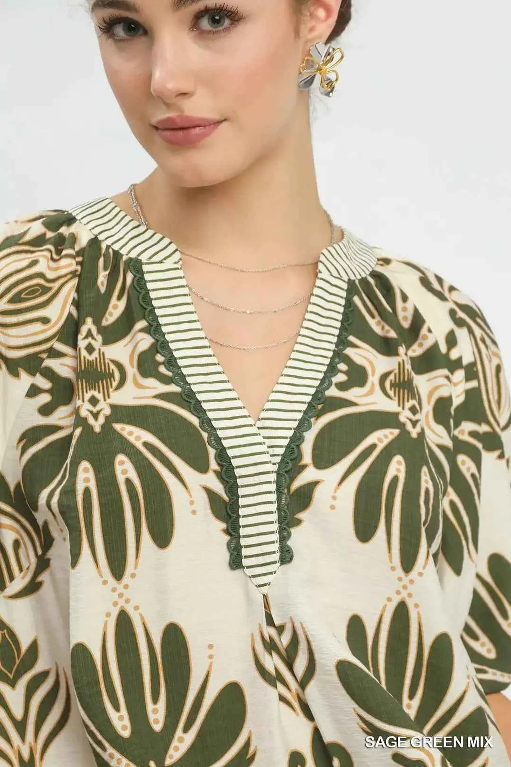 Women's Umgee Mixed Print Puff Sleeve Top Contrast Trim Sage Green S-L