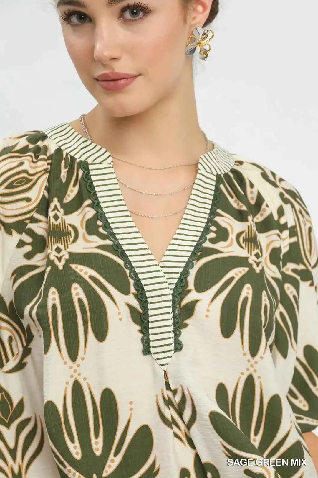Women's Umgee Mixed Print Puff Sleeve Top Contrast Trim Sage Green S-L