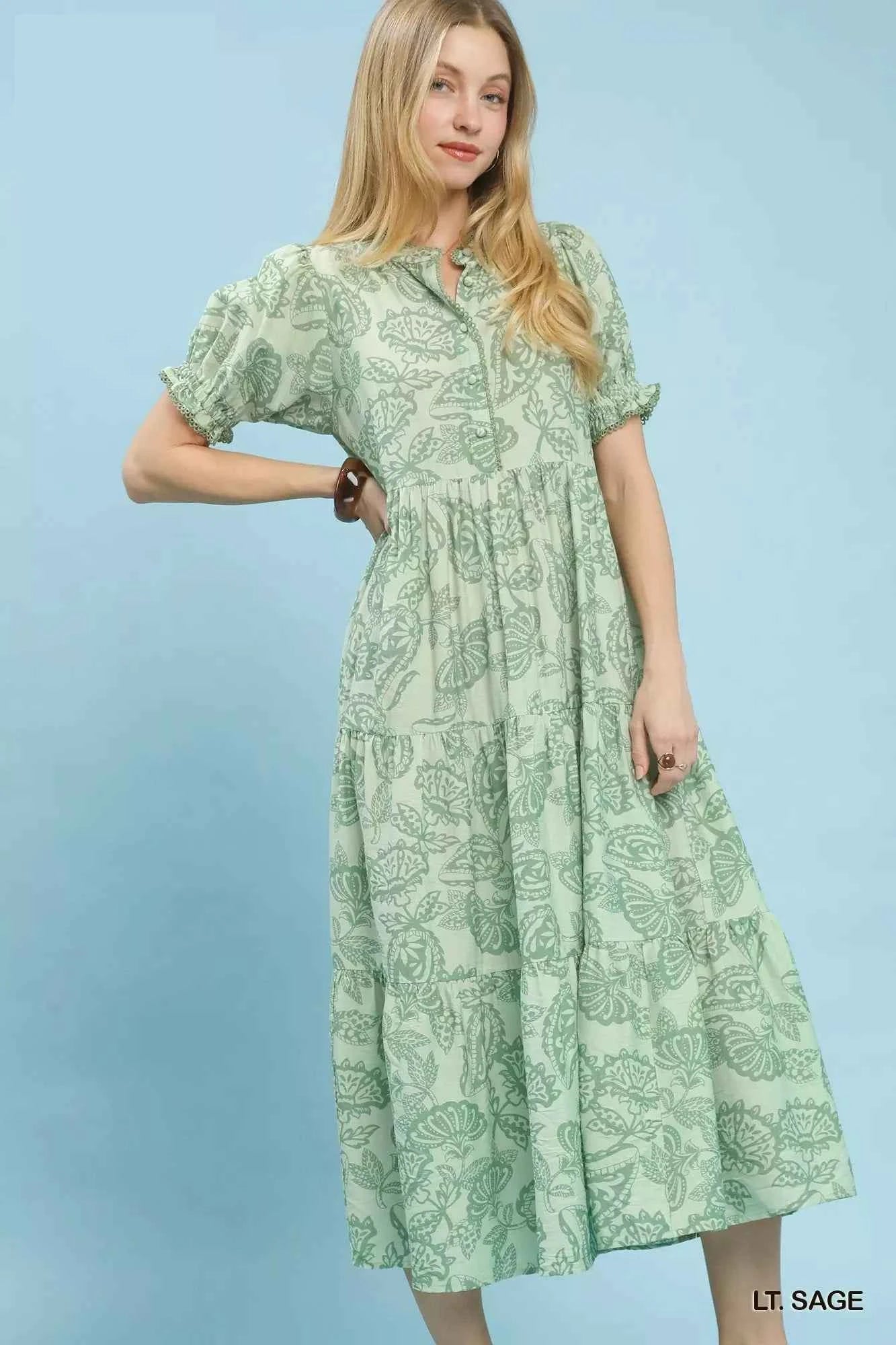 Umgee Women's Paisley Print Boho Tiered Midi Dress Pockets Light Sage S-L