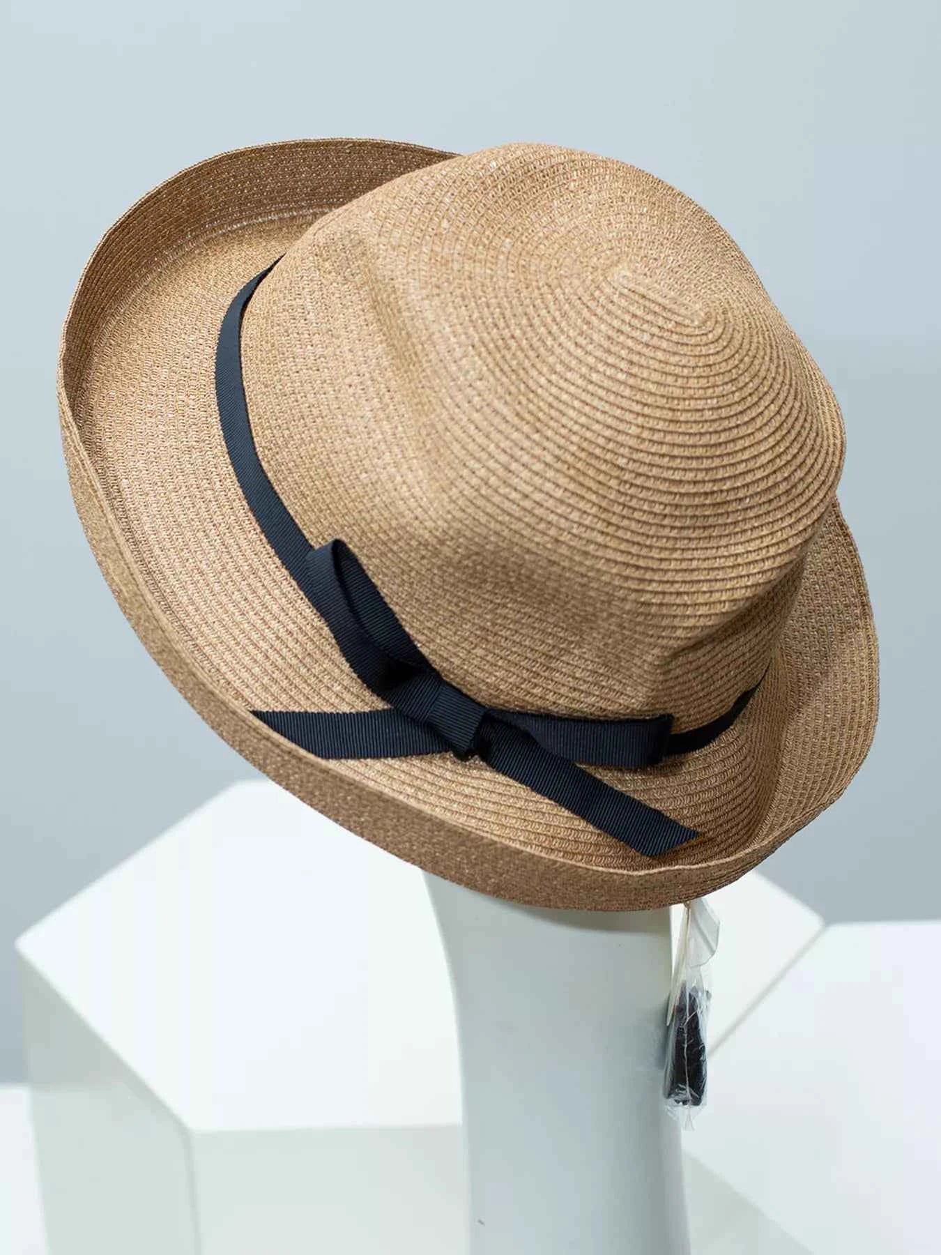 Women's Ribbon Straw Woven Beach Sun Hat Adjustable Brim Multi Colors One Size