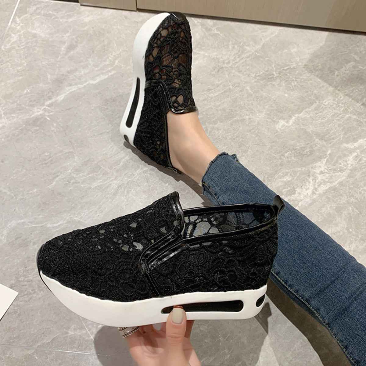 Women's Lace Breathable Mesh Platform Slip-On Shoes Multi Colors US 5-11