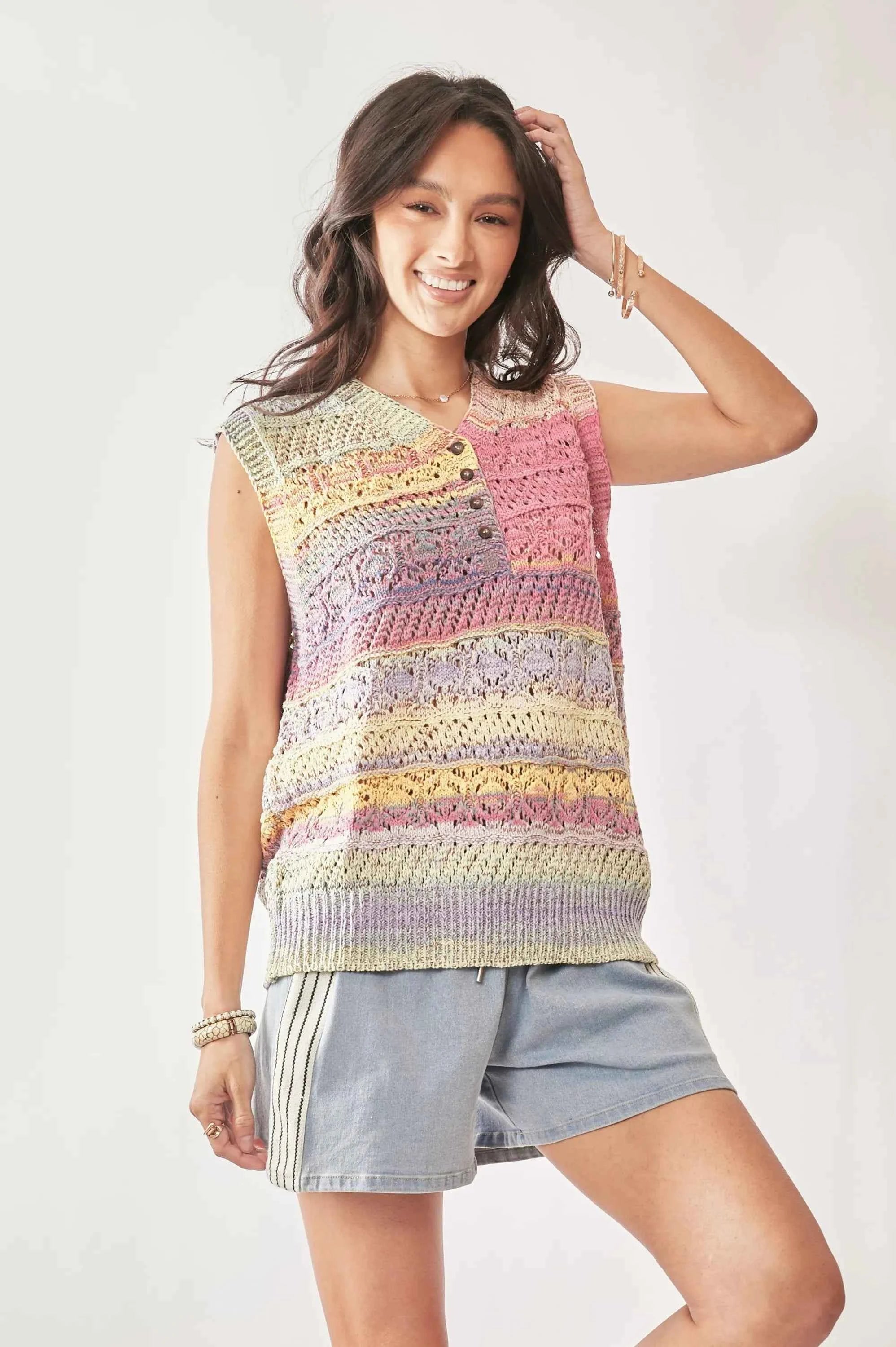 Davi & Dani Women's Pastel Multicolor Crochet Knit Sleeveless Vest Top M/L