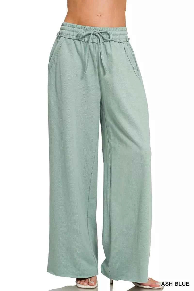 Zenana Women's French Terry Wide Leg Sweatpants Drawstring Ash Blue S-L ASH BLUE