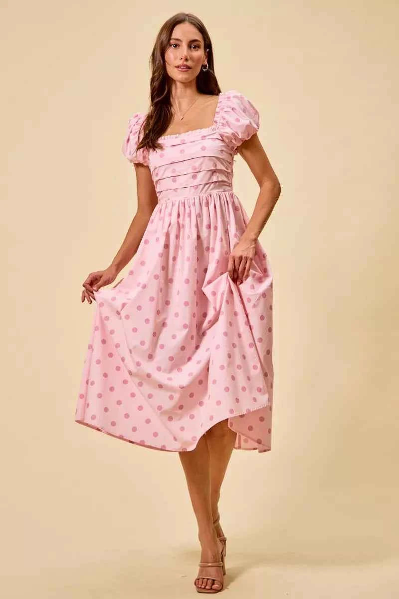 Women's Polka Dot Cotton Midi Dress Short Sleeve Pockets Smocked Pink S-XL