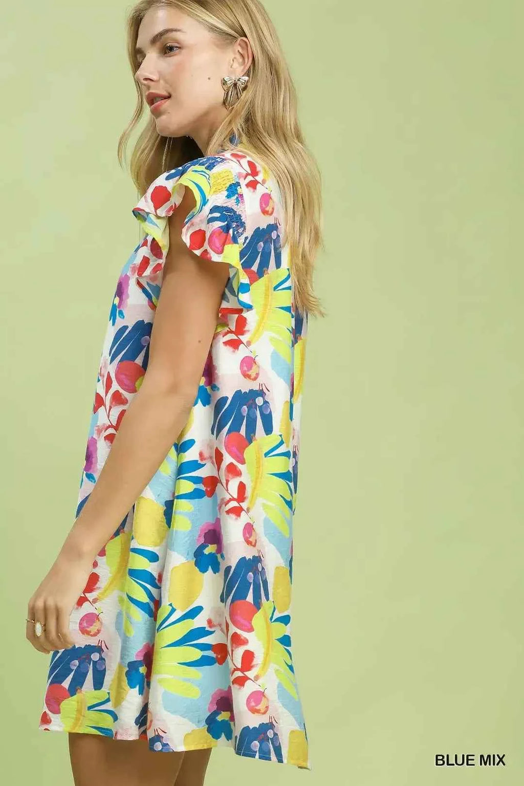 Women's Umgee Botanical Print Ruffle Mini Dress Lined Blue Mix S-L