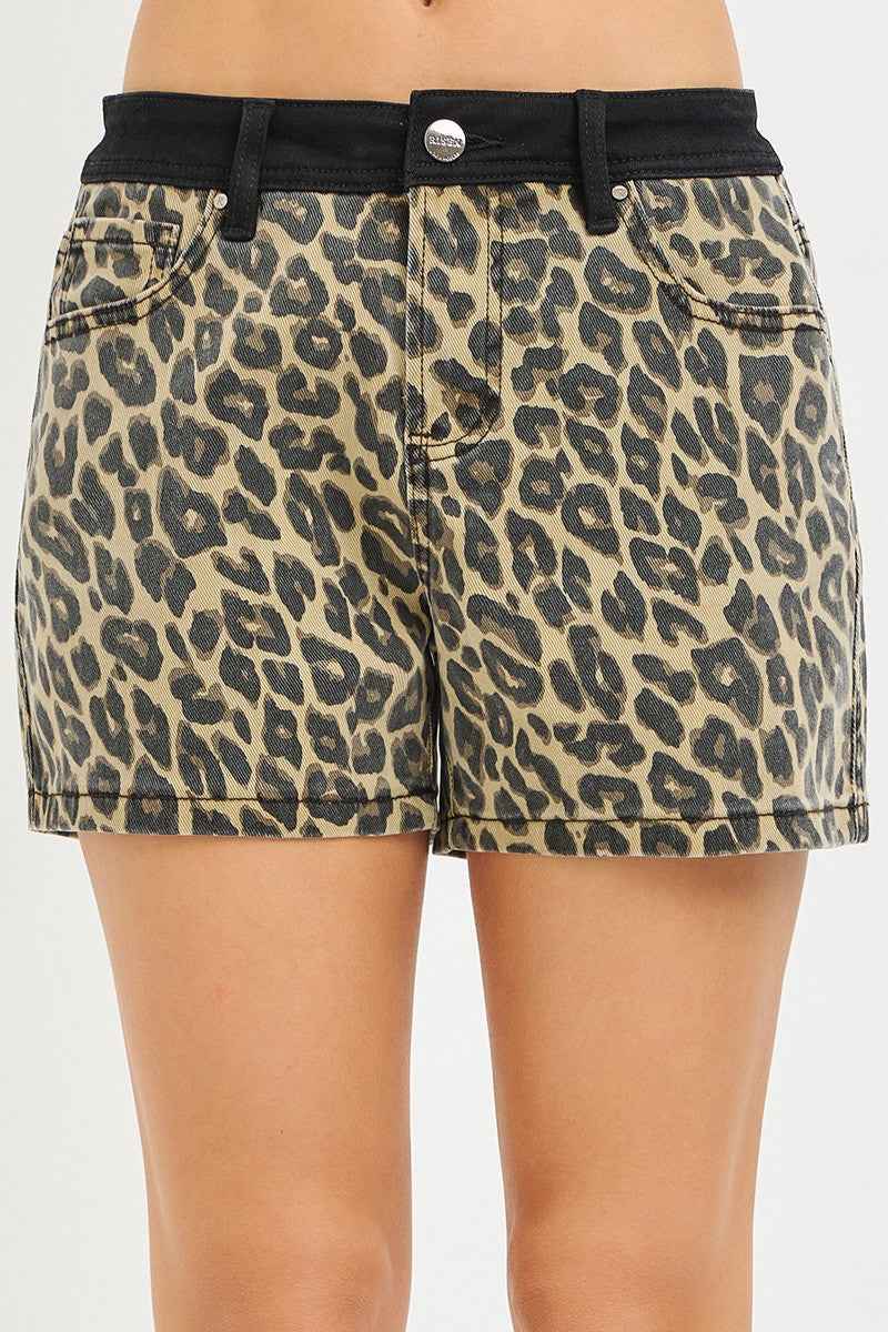 RISEN Women's High Rise Leopard Print Shorts Contrast Waistband Coffee S-XL