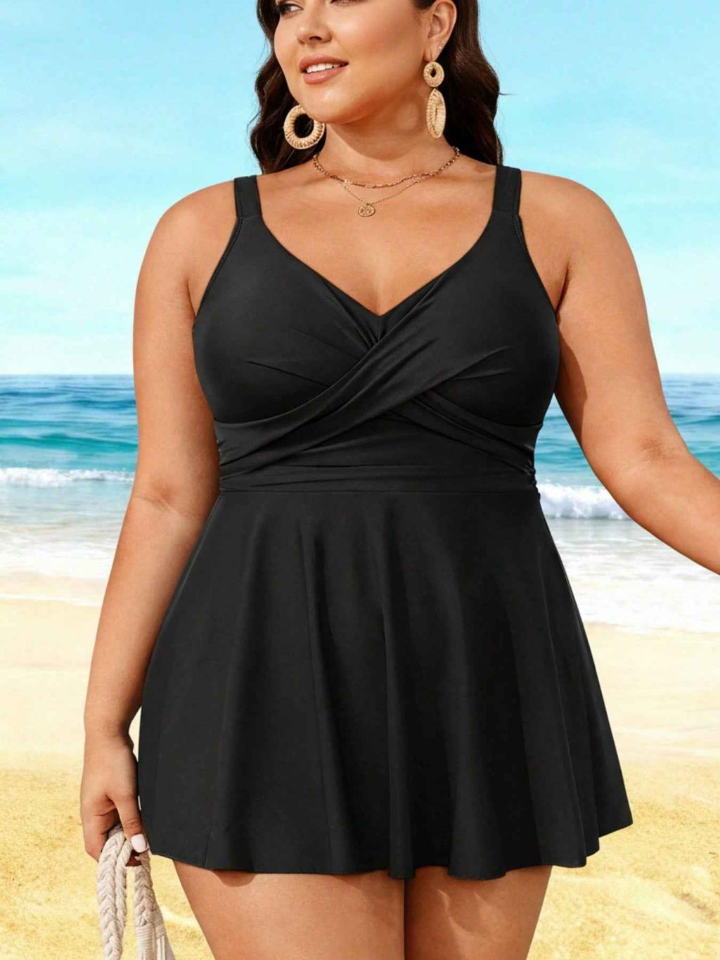 2026 Elegant Plus Size Swim Dress - Black Cross-Front Design, Flared Silhouette, Modest Beach & Pool Swimwear