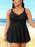 2026 Elegant Plus Size Swim Dress - Black Cross-Front Design, Flared Silhouette, Modest Beach & Pool Swimwear