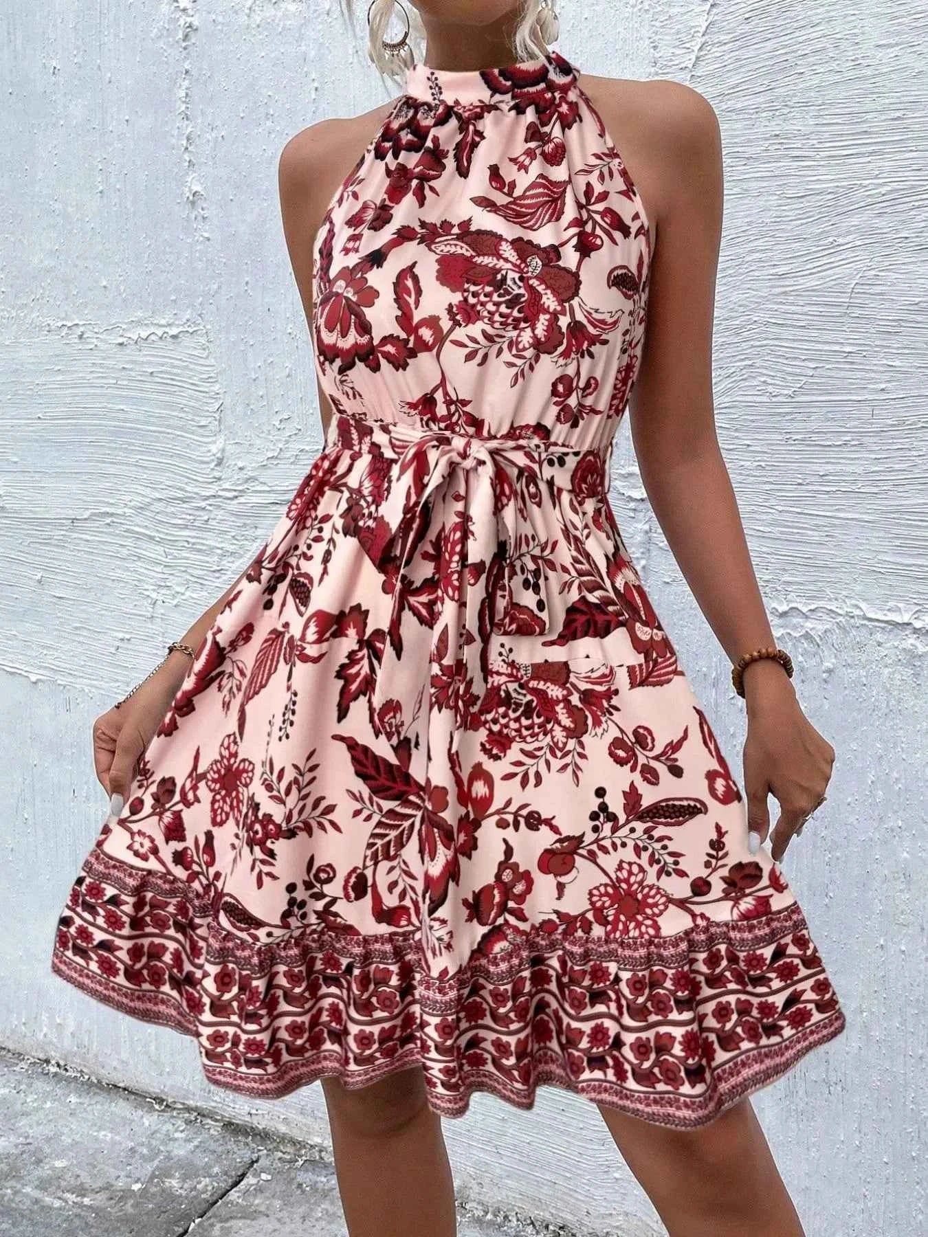 Women's Floral Halter Neck Midi Dress Belt Tie Boho Beach Resort Multi Colors S-XXL