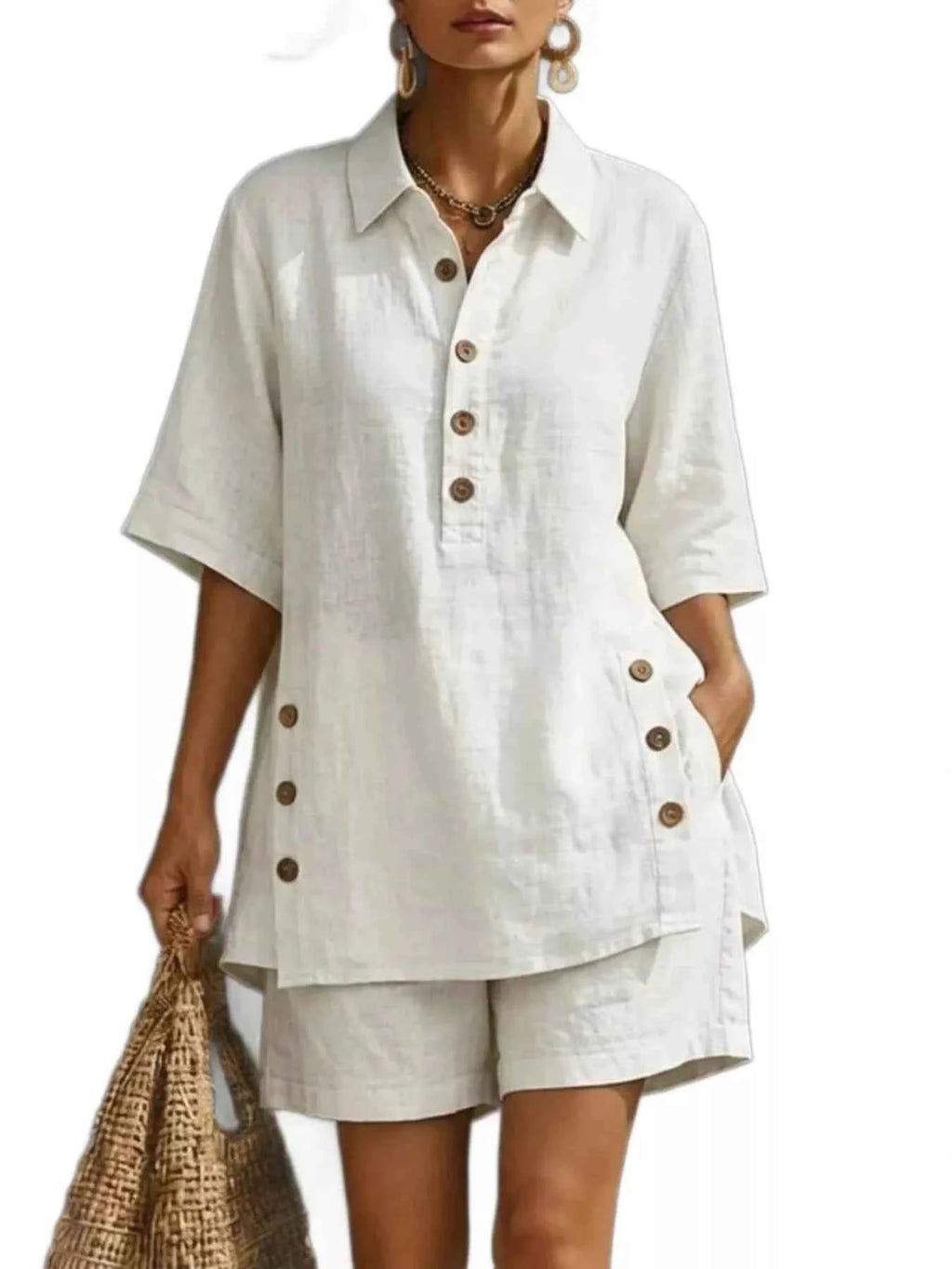 Full Size Casual Linen Button-Down Shirt & Shorts Set Plus Size White