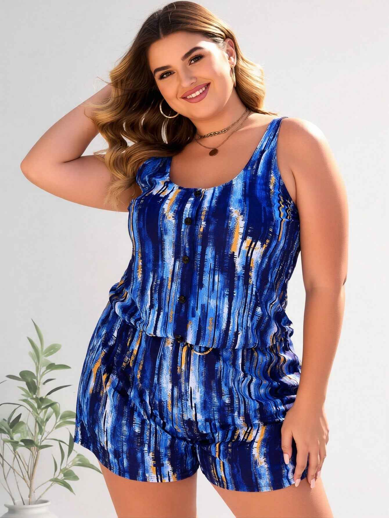 2026 New Plus Size Swim Romper, Sleeveless With Drawstring Waist & Pockets