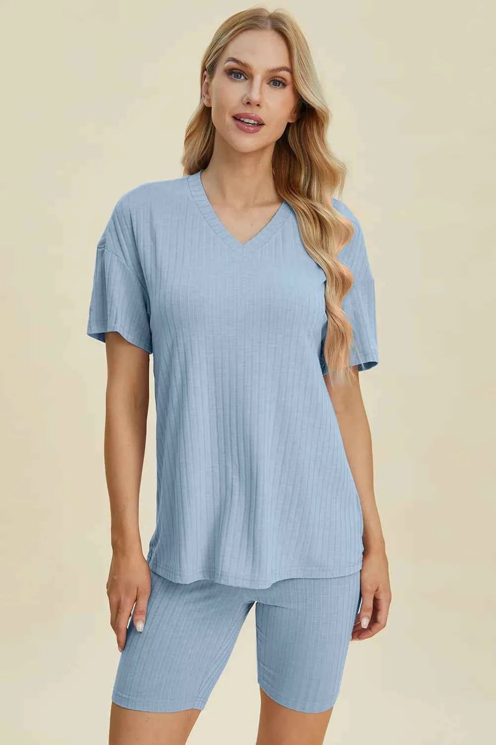 Women's Basic Bae Ribbed V-Neck Top and Shorts Set Two-Piece Multi Colors S-3XL Light Blue