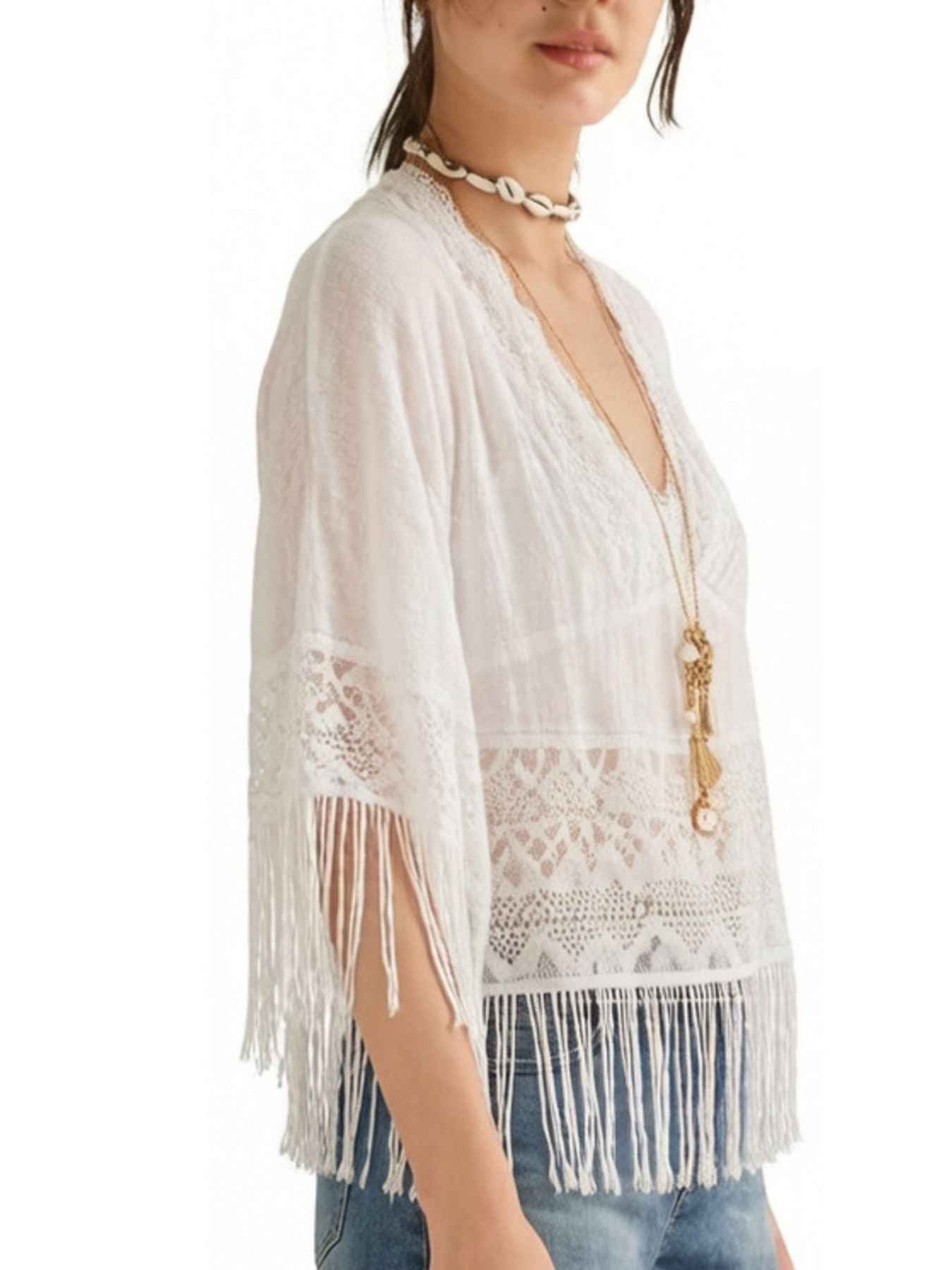 Women's Sheer Lace Fringe Short Sleeve Beach Cover-Up Black White S-XL