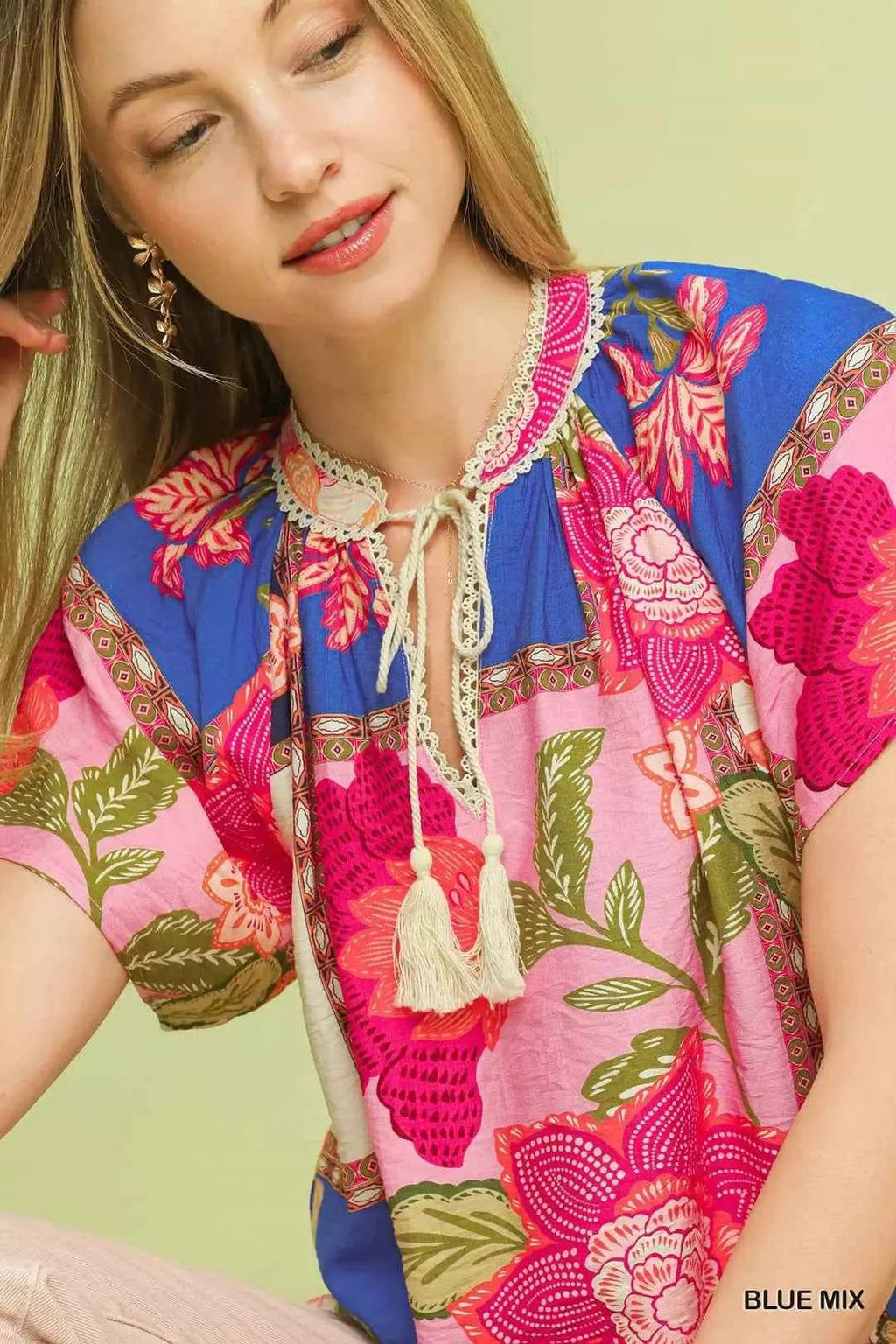 Umgee Women's Floral Patchwork Tassel Tie Top Lace Trim Blue Mix S-L