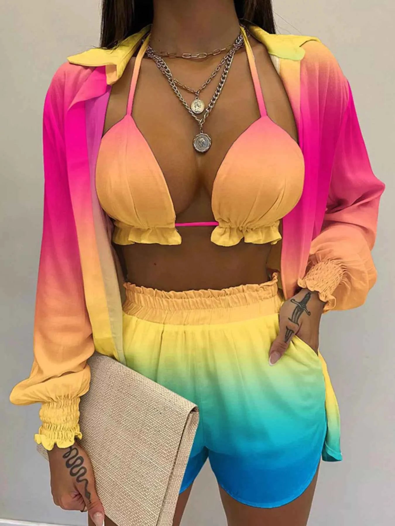 Women's Plus Size Halter Cami Shirt & Shorts 3-Piece Set Smocked Frill S-3XL Orange-Red
