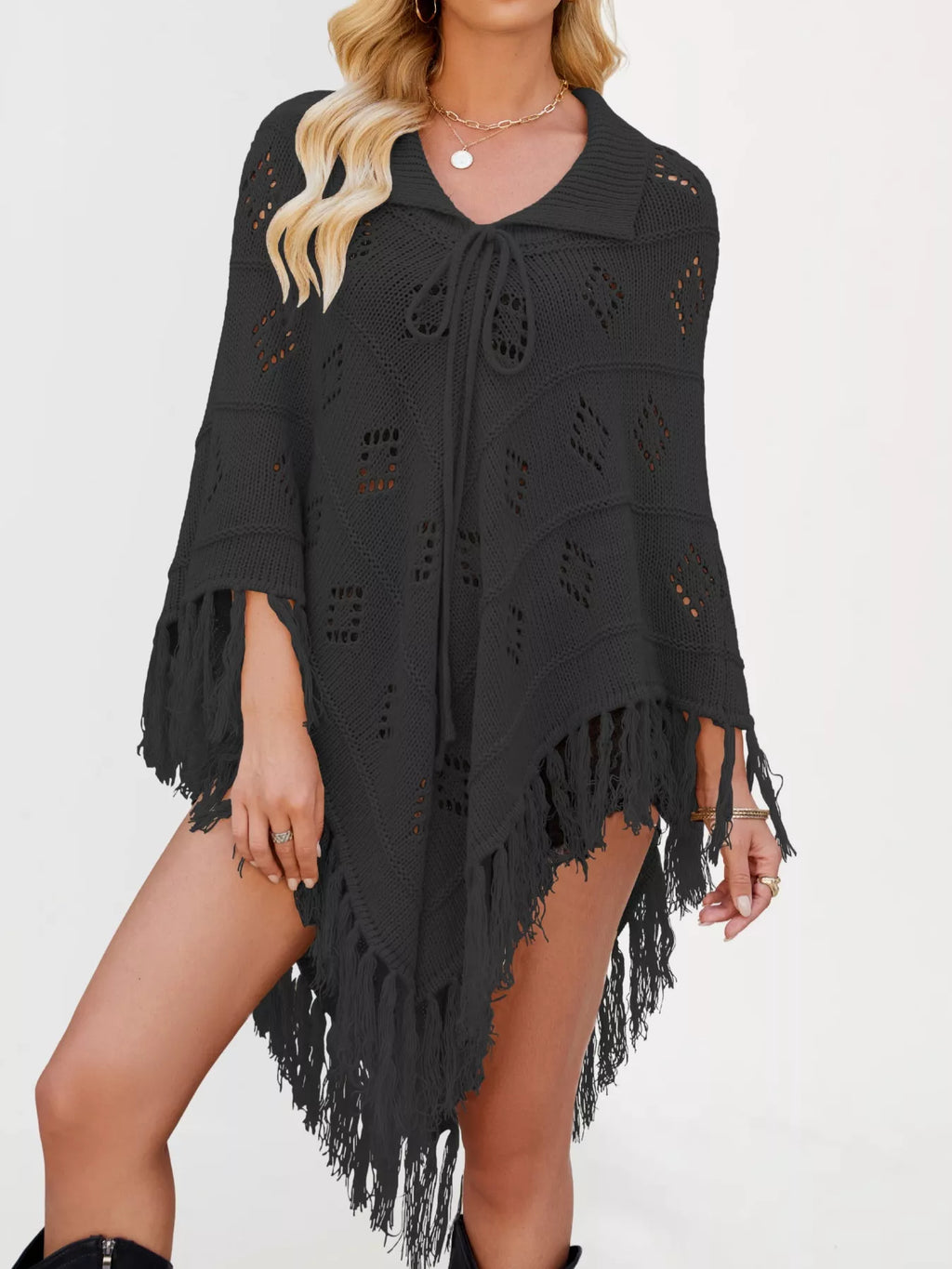 Women's Fringe Tassel Tie Openwork Knit Boho Beach Cover Up Multi Colors S-XL