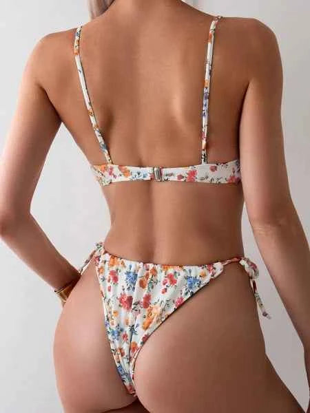 Women's Fresh Floral Print Quick-Dry Bikini Swimsuit Three-Piece Beach S-XL
