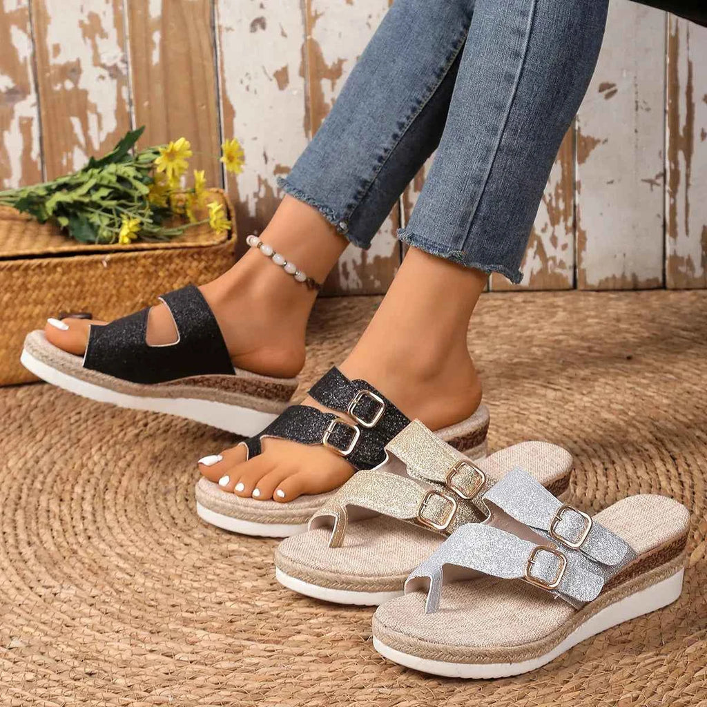 Women's Double Buckle Mid Wedge Sandals Boho Open Toe Silver Black Gold US 5-11
