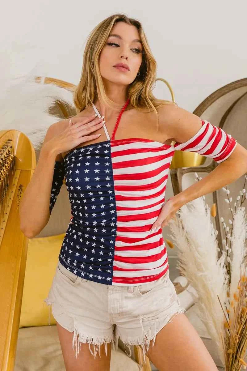 BiBi Women's Patriotic American Flag Off Shoulder Ruched Tied Cutout Top Red S-L