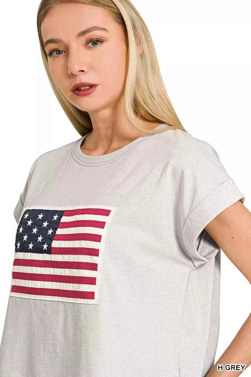 Zenana Women's American Flag Tee Round Neck Short Sleeve H Grey S-M