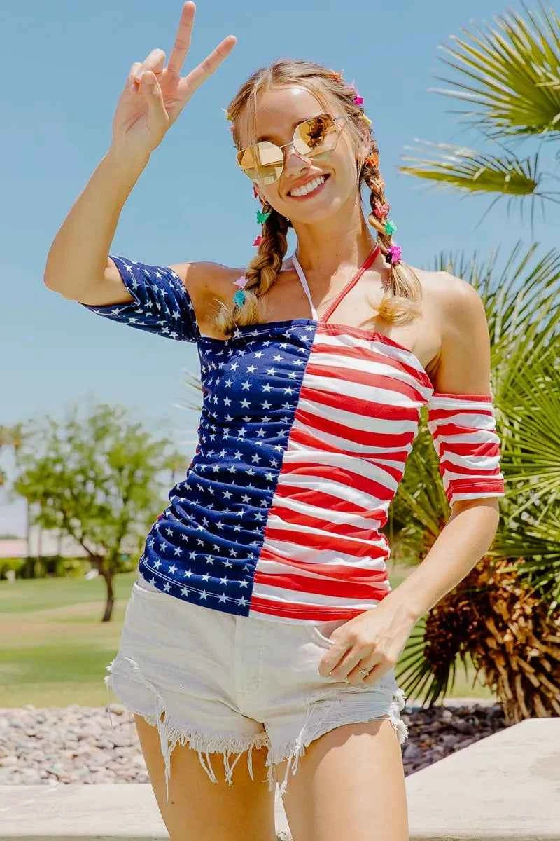 BiBi Women's Patriotic American Flag Off Shoulder Ruched Tied Cutout Top Red S-L