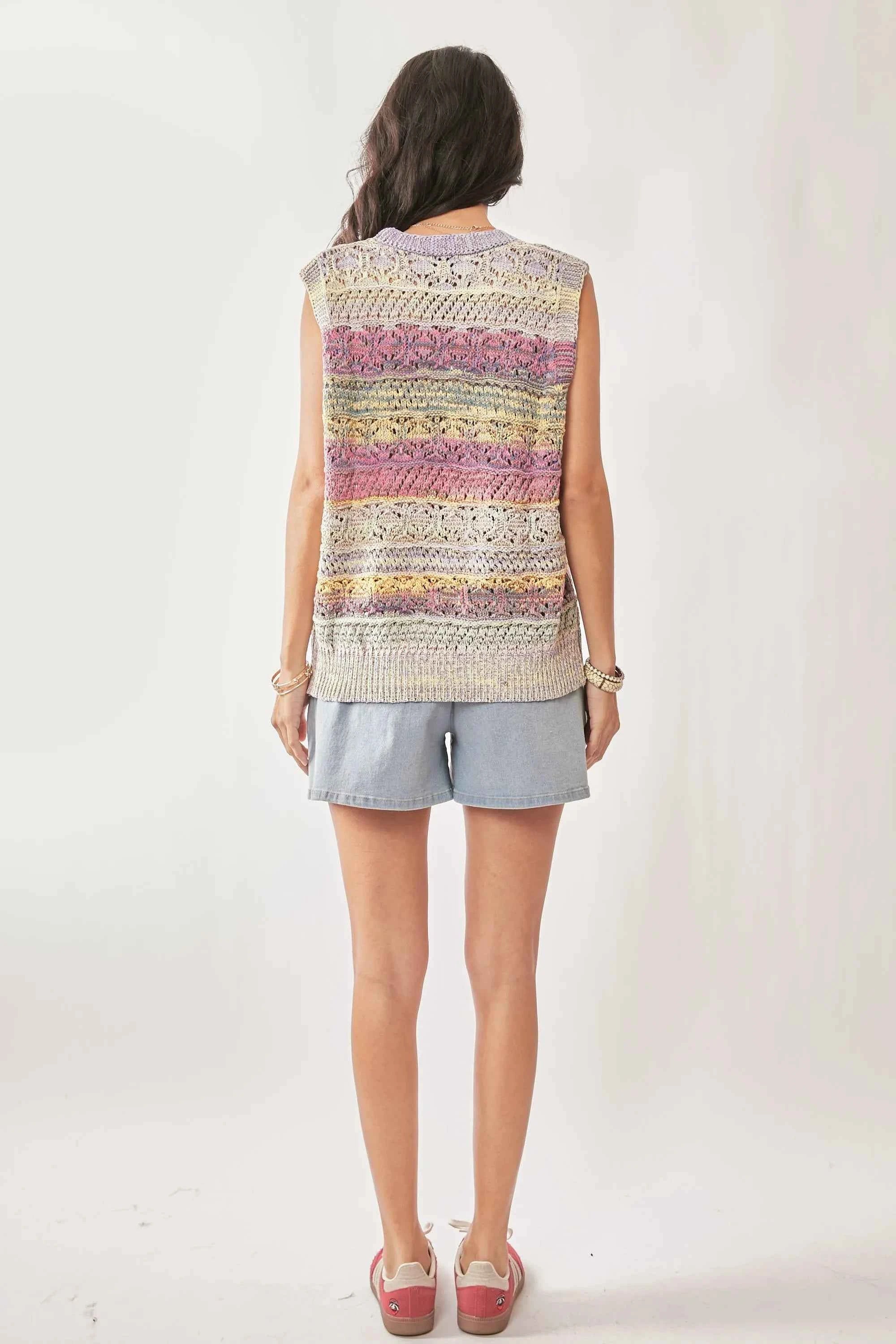 Davi & Dani Women's Pastel Multicolor Crochet Knit Sleeveless Vest Top M/L
