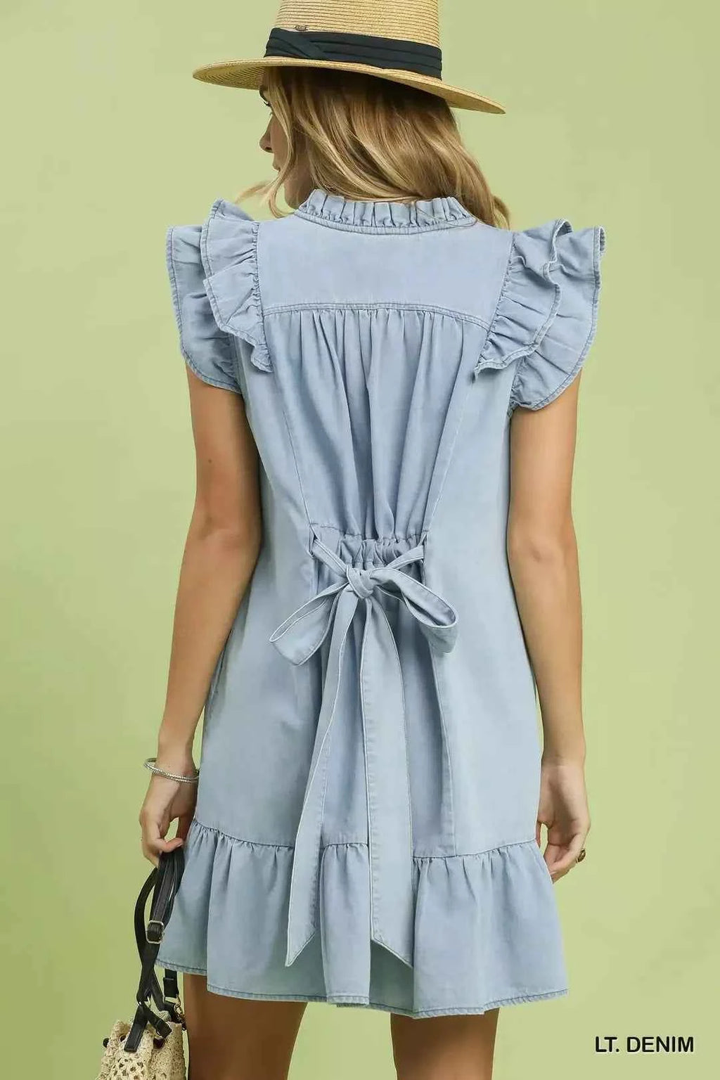 Women's Chambray Denim Ruffle Babydoll Dress Self-Tie Belt Pockets Lt Denim S-L