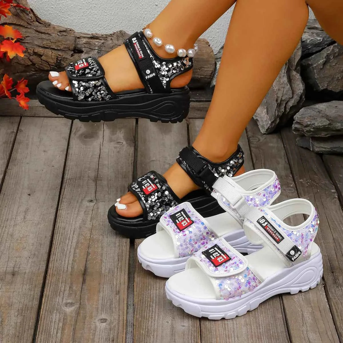 Women's Sequin Open Toe Platform Flat Sandals Slip-On Black White EU 35-42