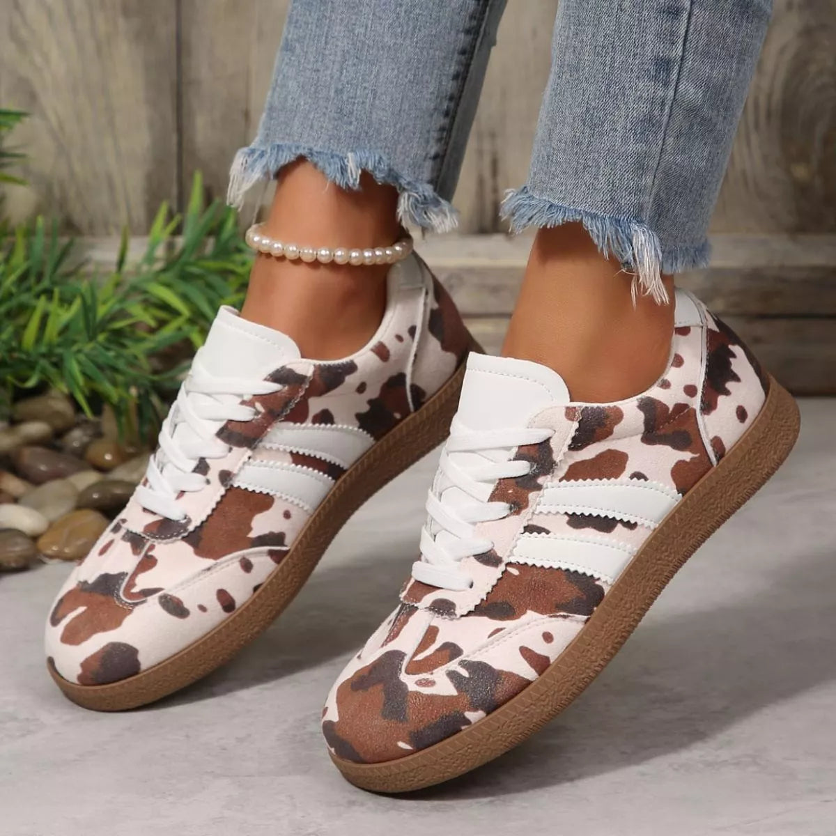 Women's Cow Print Casual Flat Sneakers PU Leather Black Brown US 5-11