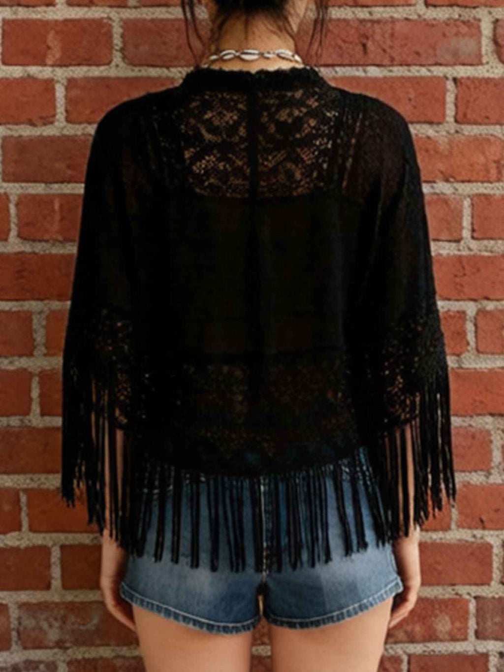 Women's Sheer Lace Fringe Short Sleeve Beach Cover-Up Black White S-XL