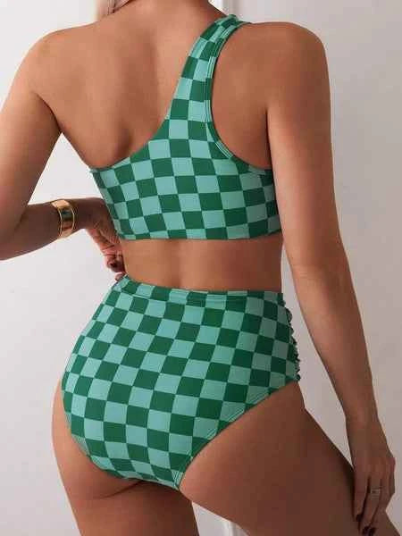 Women's Single Shoulder Two-Tone Grid Bikini Set Two-Piece Quick Dry S-XXL