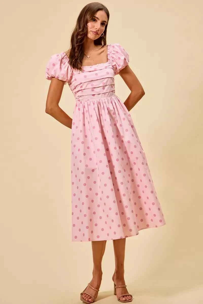 Women's Polka Dot Cotton Midi Dress Short Sleeve Pockets Smocked Pink S-XL