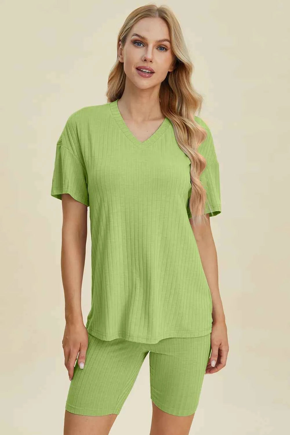 Women's Basic Bae Ribbed V-Neck Top and Shorts Set Two-Piece Multi Colors S-3XL Yellow-Green
