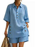 Women's Linen Button-Down Shirt & Shorts Two-Piece Set Plus Size Multi S-4XL Blue