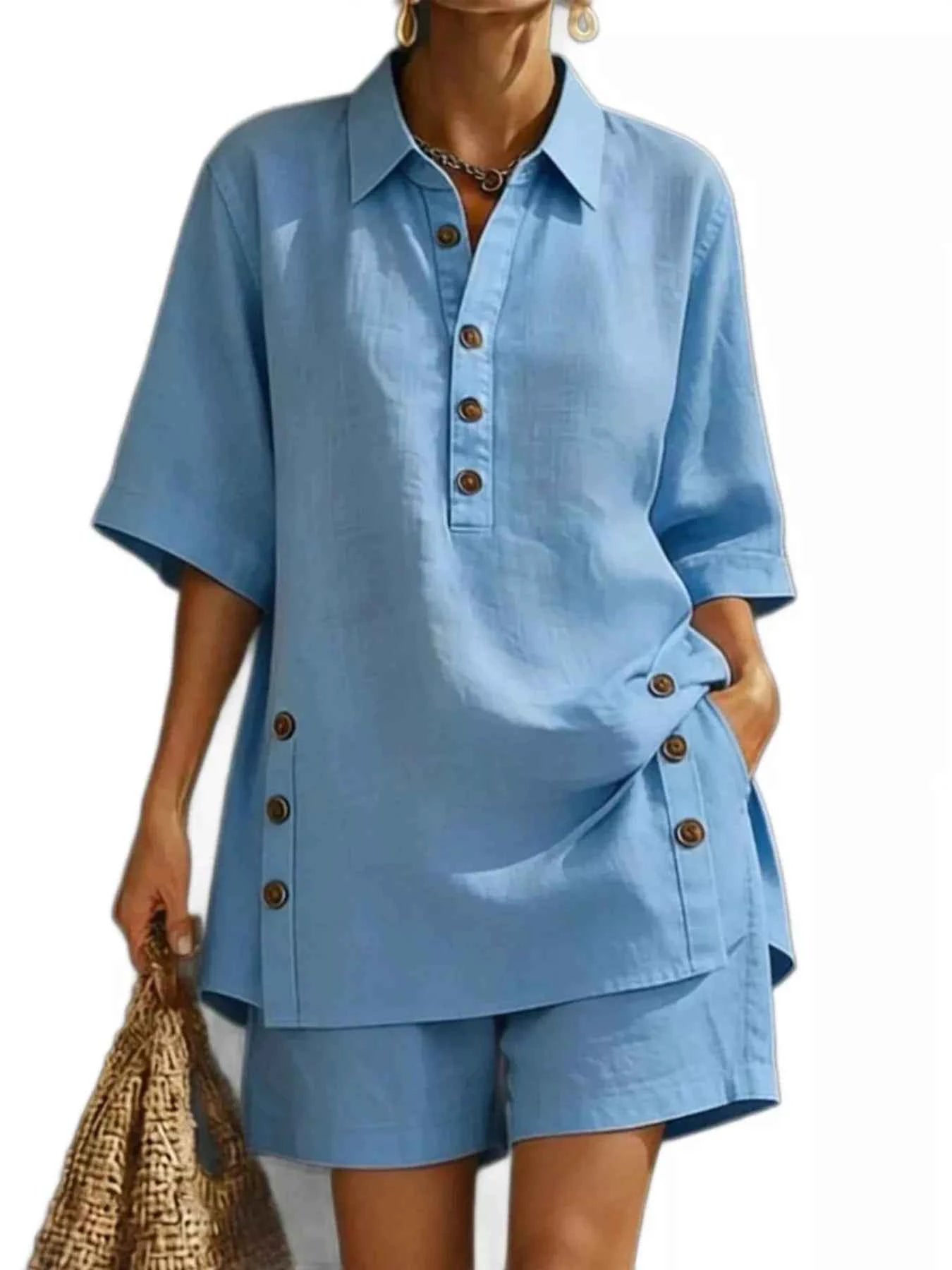 Women's Linen Button-Down Shirt & Shorts Two-Piece Set Plus Size Multi S-4XL Blue