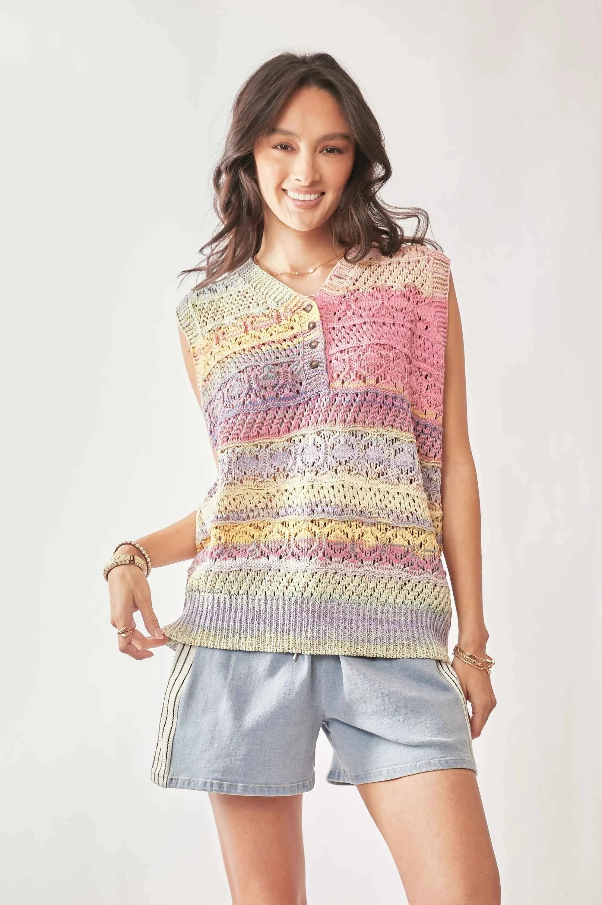 Davi & Dani Women's Pastel Multicolor Crochet Knit Sleeveless Vest Top M/L