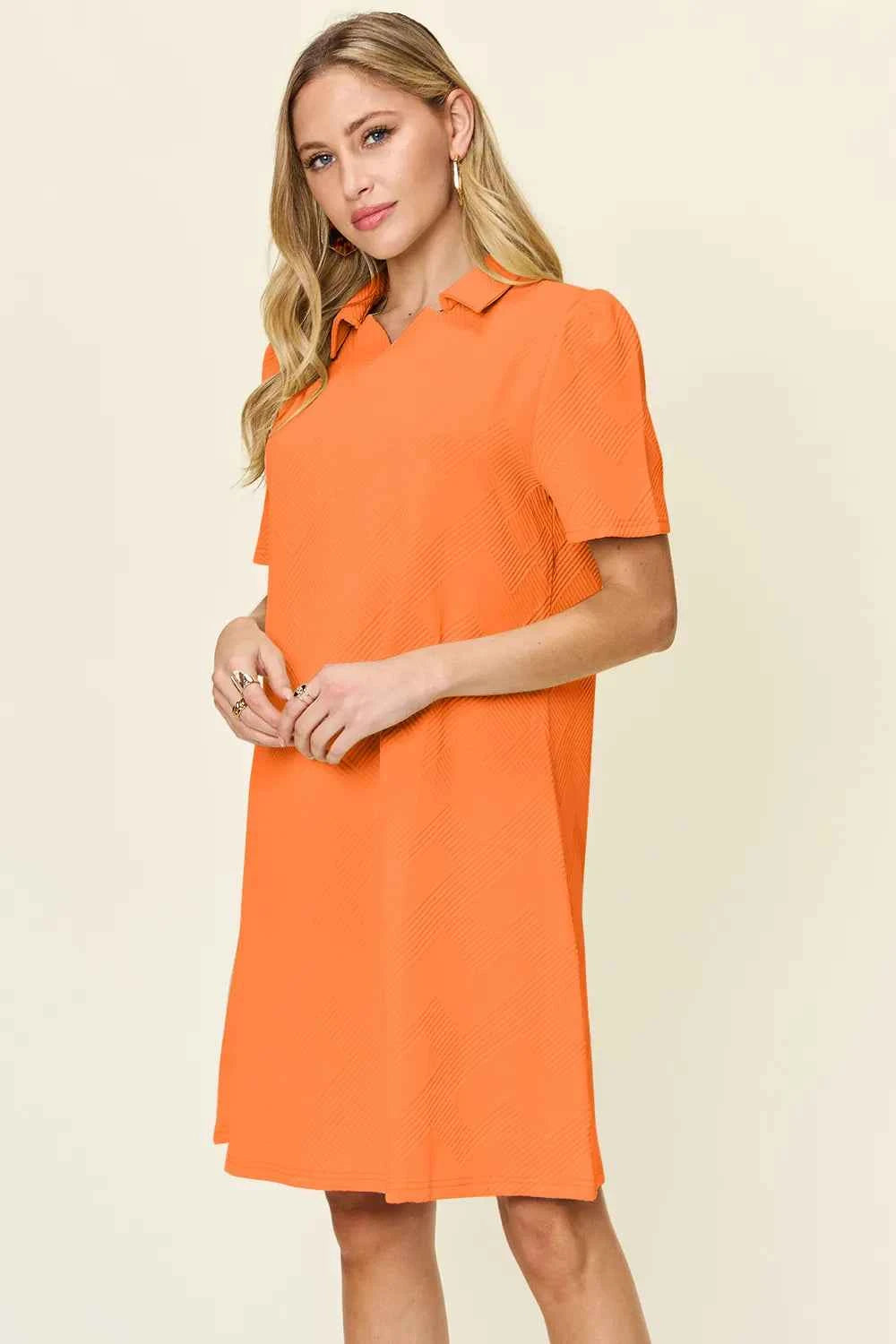 Women's Double Take Texture Collared Neck Short Sleeve Dress Multi Colors S-3XL