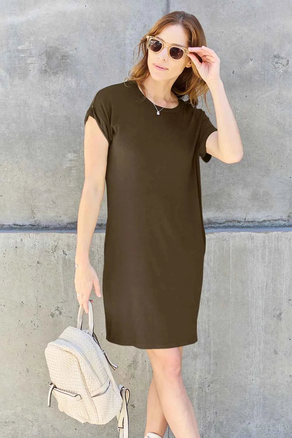 Basic Bae Women's Round Neck Short Sleeve Midi Dress Pockets Multi ColorsS-3XL Mocha